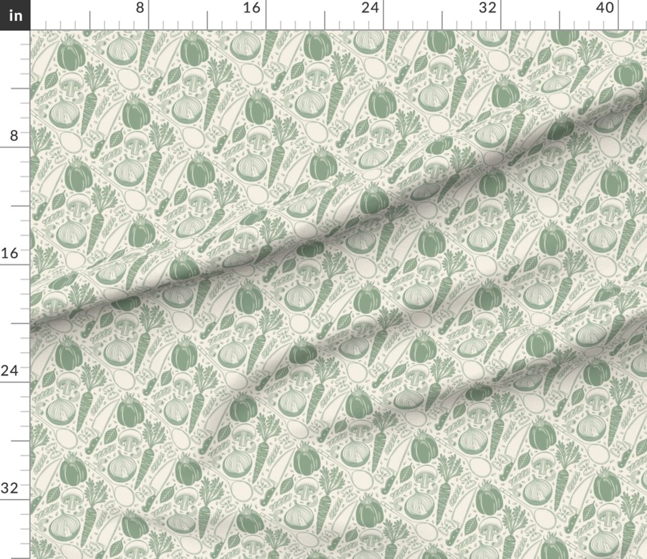 Rustic Cooking Monochrome Green Cream Onion Mushroom Carrot Pepper Pasta Custom Printed Fabric by Spoonflower Various Fabrics by the Yard or Fat Quarter 17539958